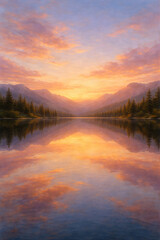 Obraz premium Golden Sunset Reflection Over a Serene Mountain Lake