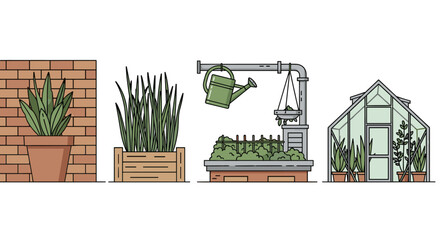 Obraz premium Diverse garden elements including potted plants, raised beds, and a greenhouse