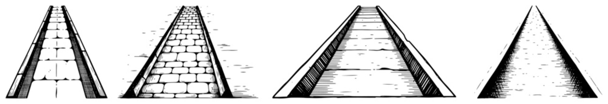 Collection of hand drawn road perspectives including cobblestone paths and wooden bridge walkways