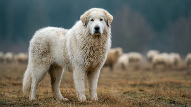 Majestic white livestock guardian dog standing alert in a field with grazing sheep in the misty countryside background on a foggy day
