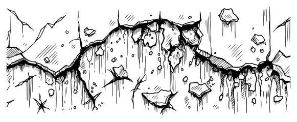 Detailed hand drawn illustration of a ruined cracked wall with falling stone debris © Logan