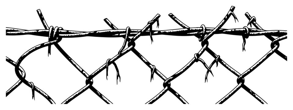 Vintage hand drawn sketch of a chain link wire fence with worn textures