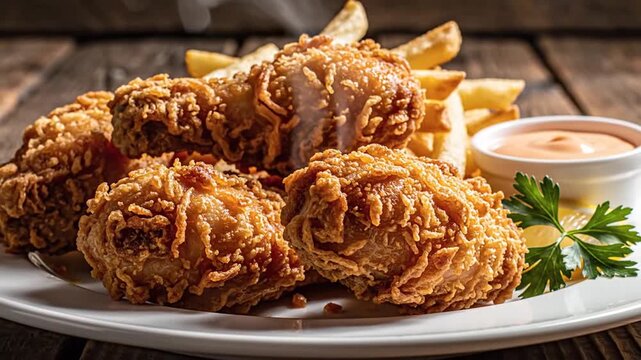 Crispy fried chicken and fries on plate.