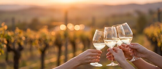 Obraz premium Friends toasting with white wine glasses at vineyard during golden hour sunset with grapevines and mountains in background for celebration and leisure.