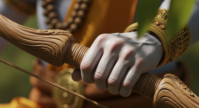 Close up of a divine warrior s hand holding a carved wooden bow and arrow ready to aim with beaded mala around neck in nature setting for cultural