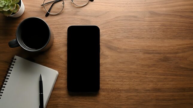 Modern workspace flat lay with smartphone, coffee cup, notebook and glasses on wooden desk background for business and productivity concepts.