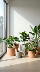 Fototapeta premium Sunlit indoor plant collection in terracotta and concrete pots on wooden floor near large window creating natural shadows on white wall for home decor.