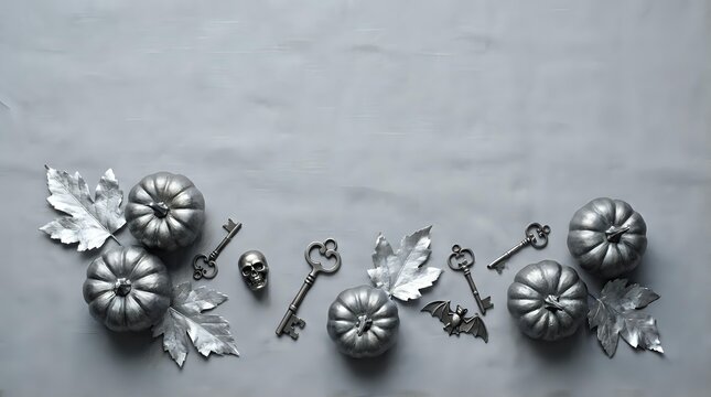 Autumn flat lay with metallic silver pumpkins, vintage keys and oak leaves arranged on textured gray background for seasonal home decor projects.