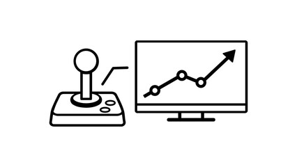 Gamification vector icon illustration featuring a minimalist black line outline of a retro joystick connected to a computer monitor showing a rising growth chart, symbol for game mechanics. © Akia