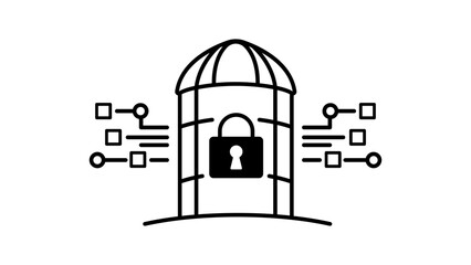 Minimalist black line vector icon of a data silo with a padlock and digital circuit lines on a white background, symbolizing information isolation, data security, and storage infrastructure. © Akia