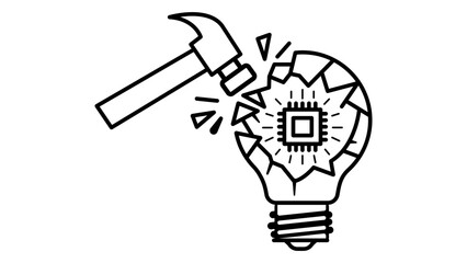 Disruptive innovation vector icon with a hammer smashing a lightbulb containing a microchip, representing digital transformation, technology advancement, and creative destruction concepts. © Akia