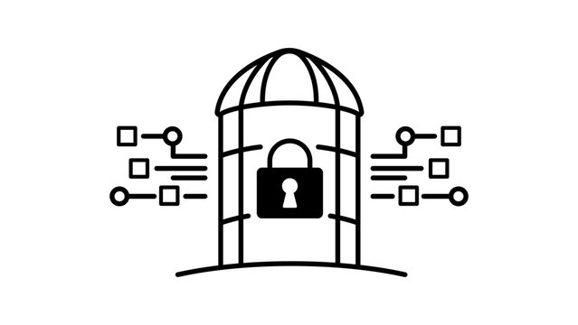 Minimalist black line vector icon of a data silo with a padlock and digital circuit lines on a white background, symbolizing information isolation, data security, and storage infrastructure.
