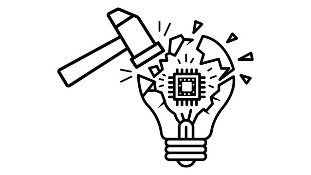 Disruptive Innovation Vector Illustration: A Minimalist Black Line Icon of a Hammer Smashing a Lightbulb to Reveal a Computer Chip, Representing Technological Breakthrough and Creative Destruction.