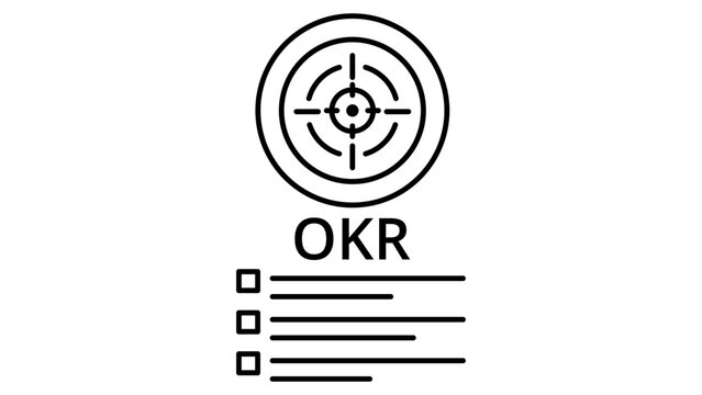 OKR Goal Setting Vector Icon Illustration: A minimalist black line art design on a white background featuring a target symbol, OKR text, and a checklist for objectives and key results management.