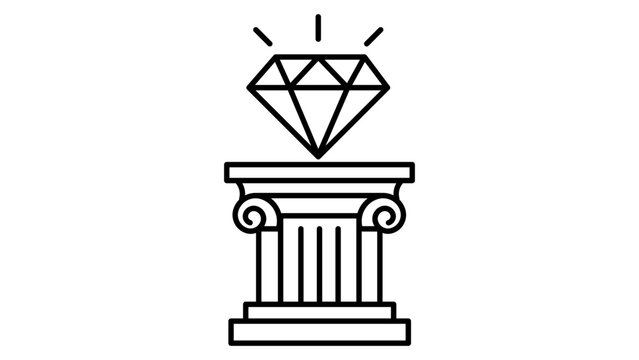 Minimalist black line vector icon illustration of a sparkling diamond gemstone resting on a classical Greek ionic pillar pedestal, symbolizing value proposition, wealth, and business excellence.