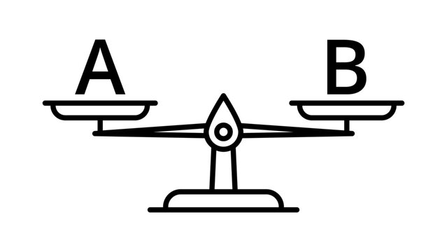 Minimalist black line vector icon of a balance scale with letters A and B, representing A/B testing, marketing comparison, and data optimization, isolated on a clean white background illustration.