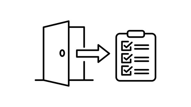 Offboarding process minimalist black line vector icon illustration on white background featuring an open door with an arrow pointing to a checklist clipboard for employee exit procedures.