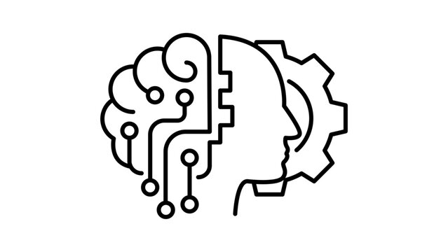 Artificial Intelligence Integration Vector Icon: Minimalist Black Line Illustration of a Human Head Profile Merged with a Brain Circuit and Gear Cog, Representing Machine Learning and Tech Innovation