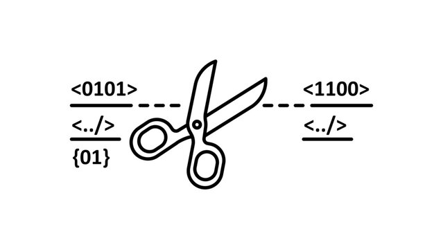 Data Pruning Minimalist Black Line Vector Icon on a White Background Representing Code Optimization and Data Cleaning with Scissors Cutting Through Binary and Programming Tags Illustration