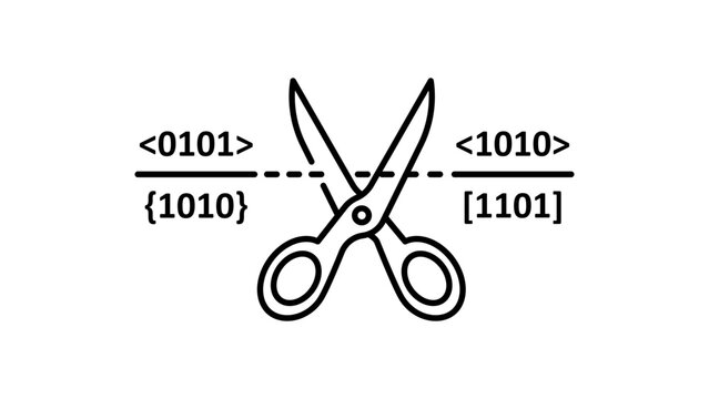 Data Pruning and Cleaning Minimalist Black Line Vector Icon Illustration. Scissors cutting through binary code strings representing data reduction, optimization, and information management.