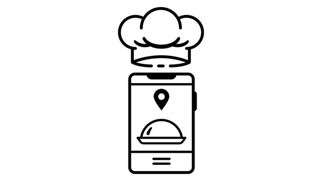Minimalist black line vector icon of a modern ghost kitchen or dark kitchen concept, featuring a smartphone with a chef's hat, food cloche, and location pin for online food delivery and mobile apps.