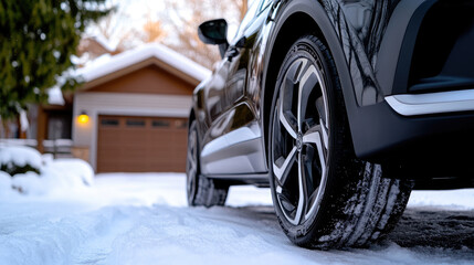 Fototapeta premium Car tire with winter tread and alloy wheel standing on fresh white snow, representing concepts of safe driving, vehicle preparation, and cold weather conditions