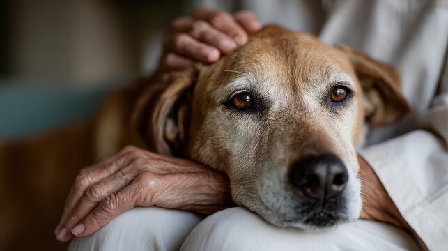 elderly pet care emotional connection, a tender editorial portrait features an older vet gently comforting a senior dog, highlighting the emotional bond in geriatric pet care