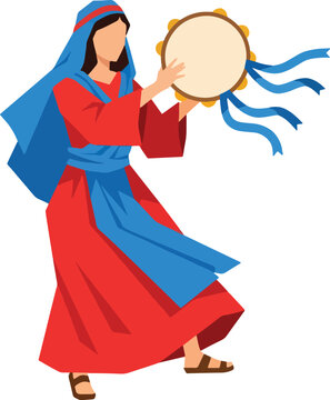 Woman playing tambourine wearing traditional red robe and blue veil for festive celebration or biblical historical reenactment scene on background.