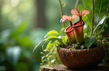 Naklejka premium Carnivorous pitcher plants grow in coconut shell pot. Red and green Nepenthes plants with hanging traps show natural insect catcher form. Exotic botany details.
