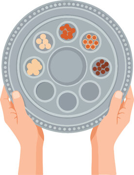 Passover seder plate with symbolic foods, traditional jewish holiday celebration, hands holding festive dish.