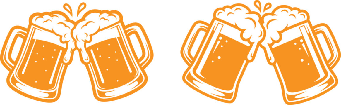 Silhouette of raised beer mugs in a cheerful toast, perfect for party scenes, bar culture, Oktoberfest themes, and drink-inspired designs.