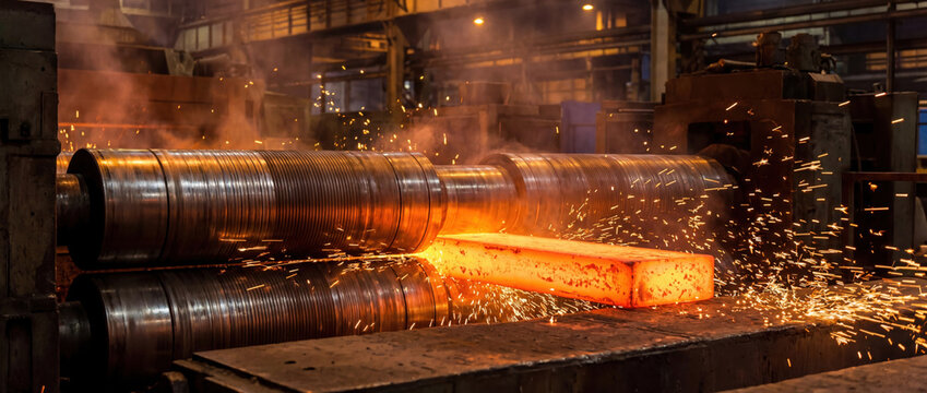 Steel mill hot rolling producing molten metal sparks