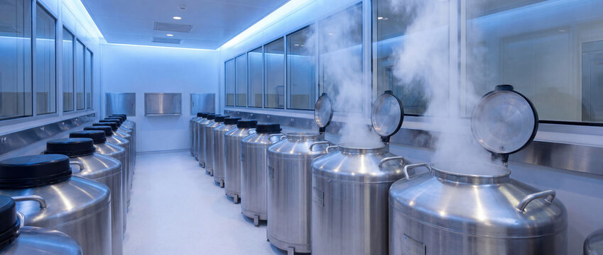 Cryogenic storage tanks holding liquid nitrogen in laboratory