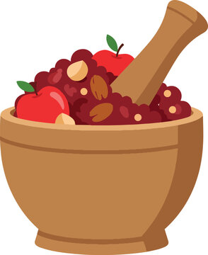 Charoset with apples, nuts, and wine in a wooden mortar with a pestle, a traditional Passover dish illustration.