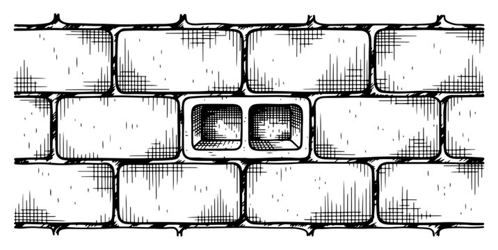 Hand drawn vector sketch of a concrete cinder block wall with detailed hatching