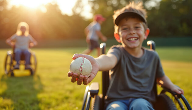 Smiling boy in wheelchair holds baseball, peers play in sunny park. Children enjoy outdoor sport together, showing teamwork and happy childhood moments.