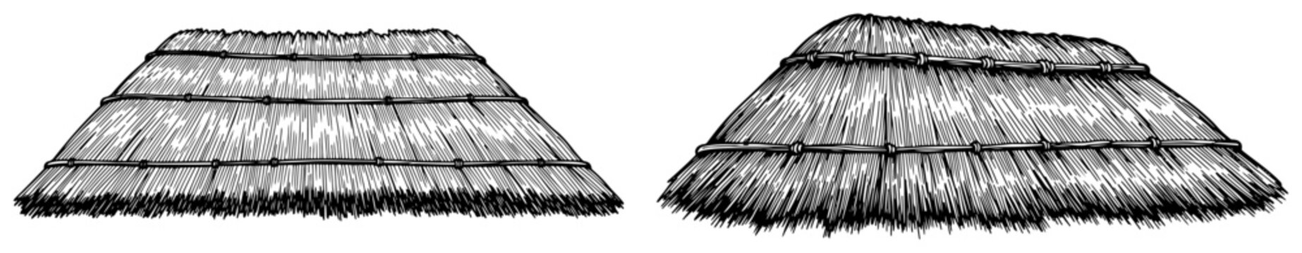 Vintage hand drawn thatched roofs with detailed straw texture in engraving style