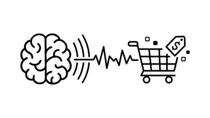 Neuromarketing concept vector icon illustration featuring a minimalist black line drawing of a human brain connected to a shopping cart with a price tag on a white background for marketing research. © MDMAZEDUR