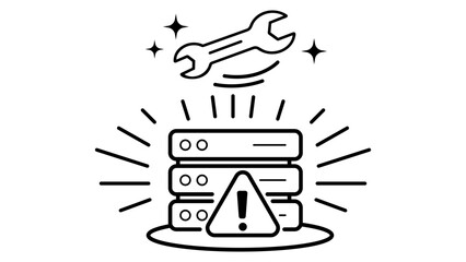 Fototapeta premium Minimalist black line vector icon of a server rack with a warning exclamation mark and a wrench, representing predictive maintenance, IT system repair, data center troubleshooting, and support.