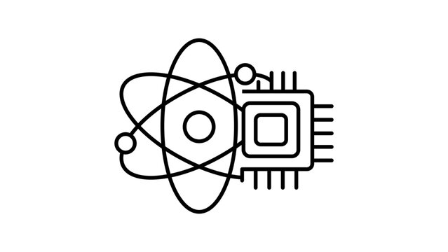 Quantum Computing Vector Icon: A minimalist black line illustration on a white background featuring an atom symbol integrated with a computer chip, representing advanced technology, physics, and AI.