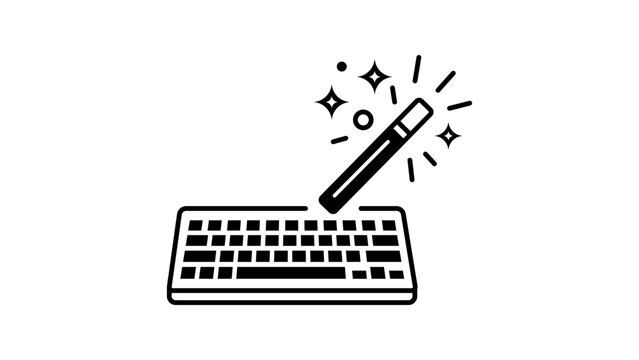 Prompt Engineering Vector Icon Illustration: A Minimalist Black Line Art Design Featuring a Computer Keyboard and a Magic Wand with Sparkles, Representing Generative AI and Creative Technology.