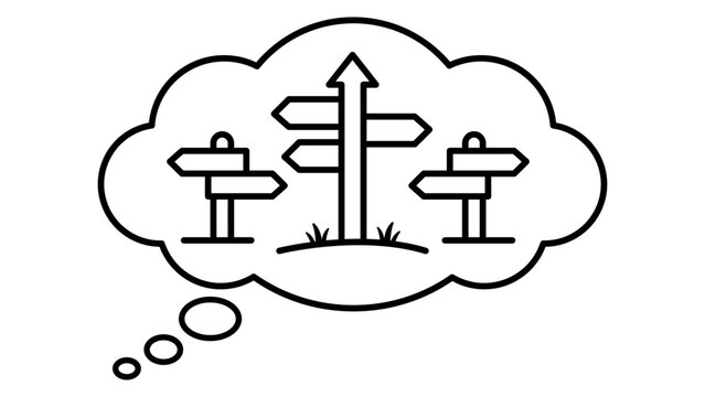 Minimalist black line vector icon of a thought bubble containing multiple directional signposts, representing scenario planning, strategic decision making, future paths, and brainstorming options.