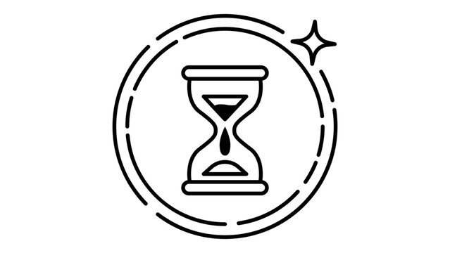 A minimalist black line vector icon illustration of an hourglass inside a circular frame with a star, symbolizing ephemeral content, time, and duration, isolated on a white background.