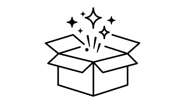 Minimalist black line vector icon of an open cardboard box with magic sparkles and stars coming out, representing a surprise unboxing experience, gift delivery, and new product discovery on white