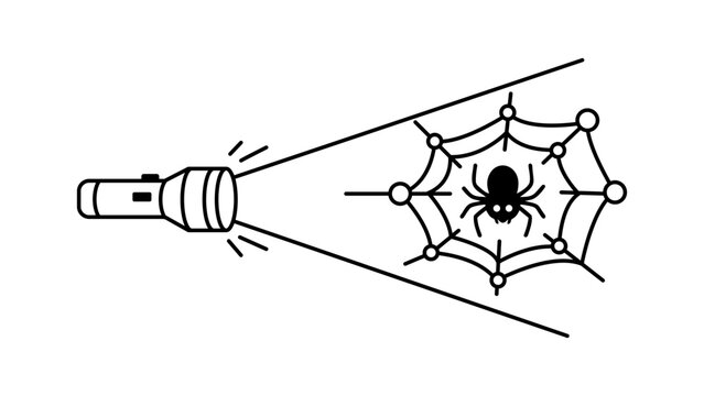 Dark Web Monitoring minimalist black line vector icon on white background; illustration of a flashlight beam illuminating a spider in a web, representing cybersecurity and threat detection.