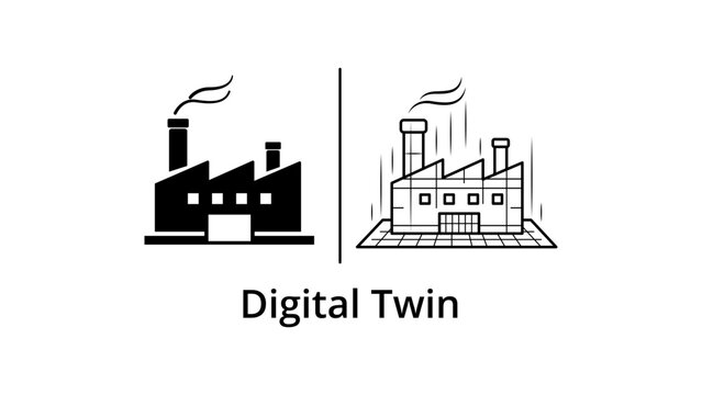 Digital Twin vector icon illustration of a physical factory and its virtual wireframe model, representing industry 4.0, smart manufacturing, simulation, and IoT technology on white background.
