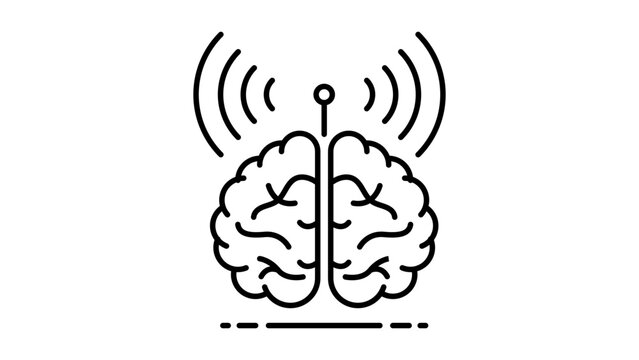 Thought Leadership Concept: A minimalist black line vector icon of a human brain with an antenna emitting signal waves, representing innovation, intelligence, and communication on white.