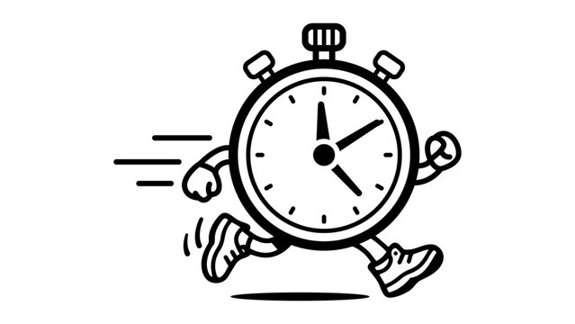 Minimalist black line vector icon of a running stopwatch character with arms and legs, representing an agile sprint, time management, speed, and efficiency on a clean white background.