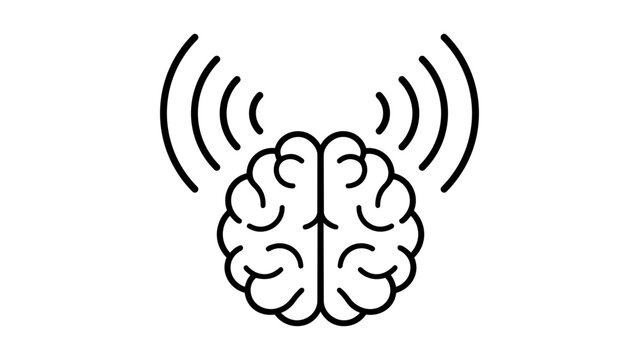 Thought leadership minimalist black line vector icon on white background; illustration of a human brain with signal waves representing intelligence, mental health, brainwaves, and innovation.