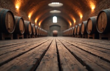Fototapeta premium Long cellar tunnel with rows of wine barrels. Old wooden floor and brick walls create rustic atmosphere. Dim lighting and arched ceiling add to ambiance.
